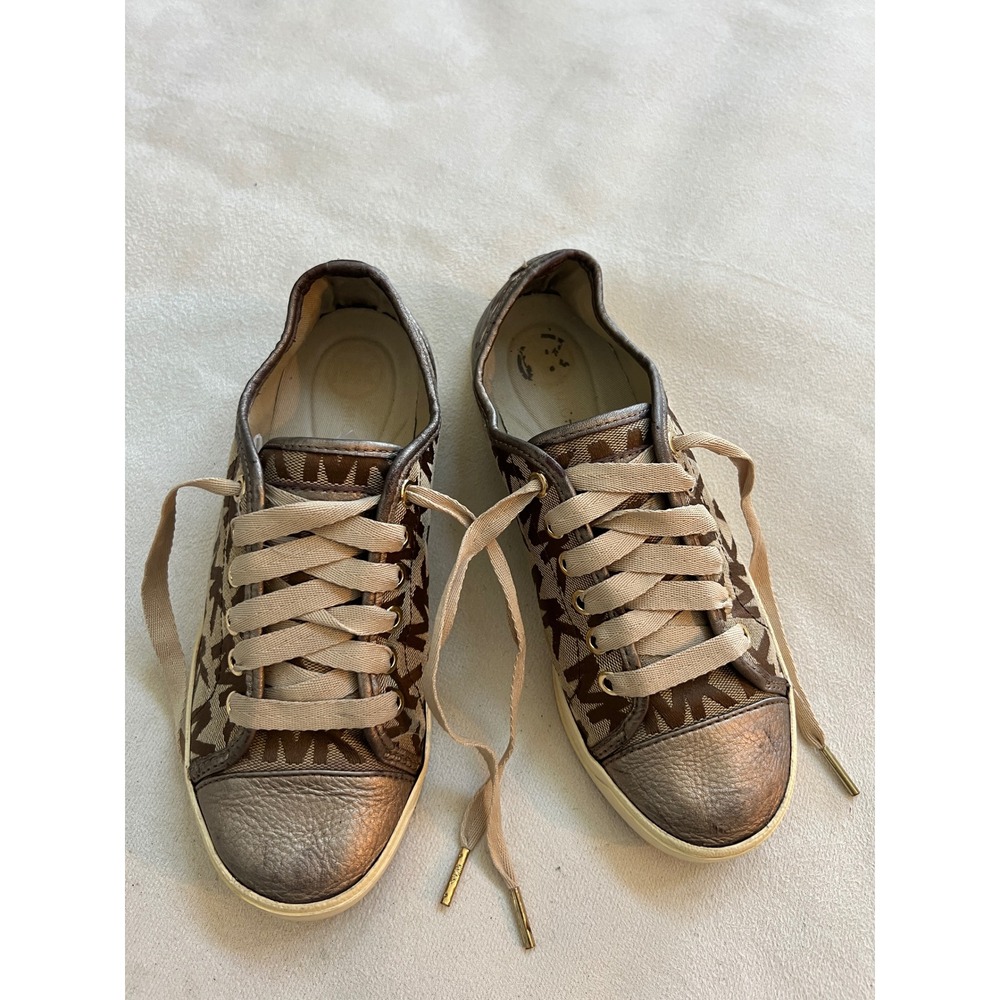 Michael Kors MK Logo Canvas Leather Trim Low Top Sneakers Women's Size 7M Bronze